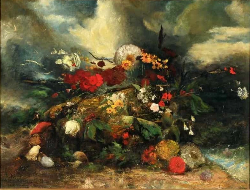 Natura morta di fiori di fronte a una tempesta in avvicinamento